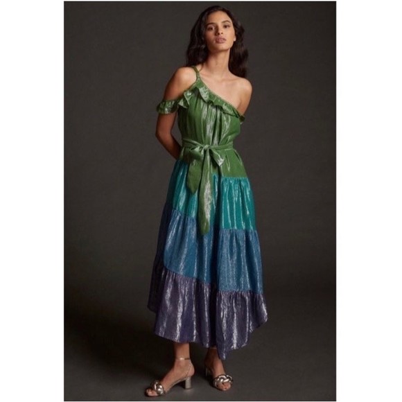 Anthropologie Maeve Metallic Ruffled One-Shoulder Color Block Belted Midi Dress - Picture 1 of 9
